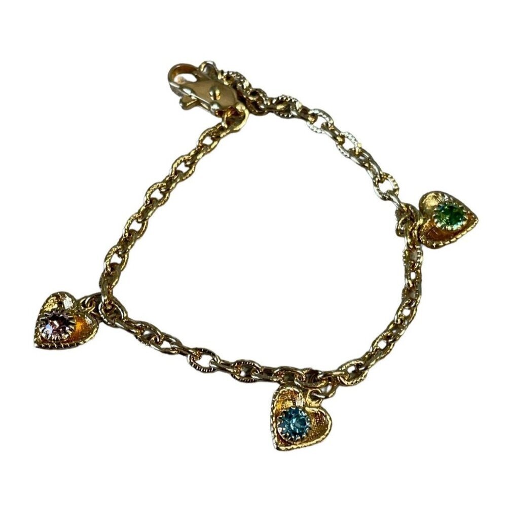 Baby Infant Gold-Plated Heart Charm‎ Bracelet With Multicolor Gemstones VINTAGE